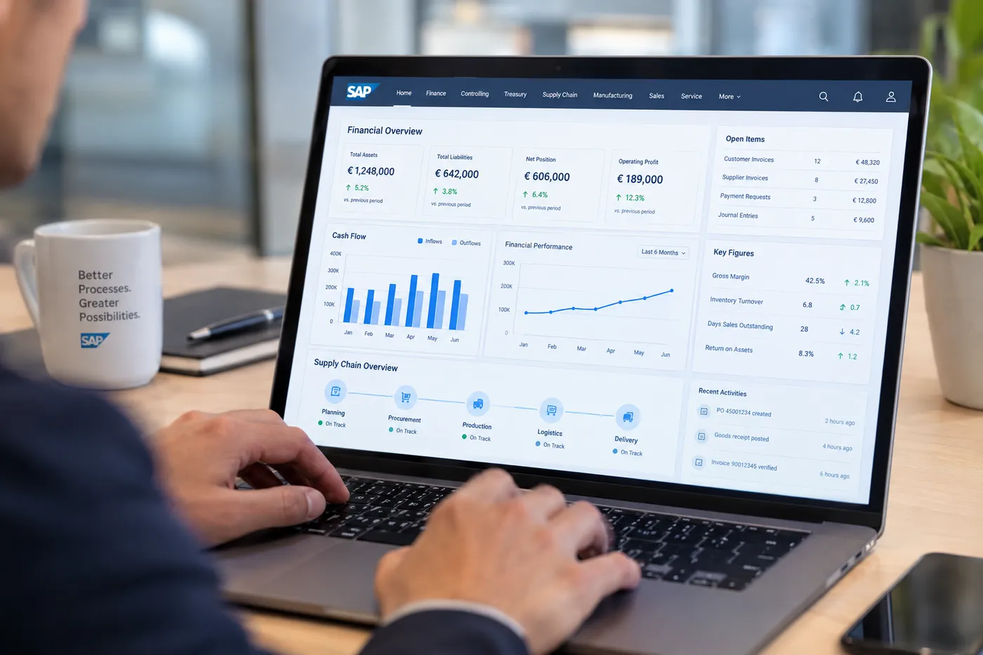 Consultant reviewing an SAP financial overview and supply chain dashboard on a laptop