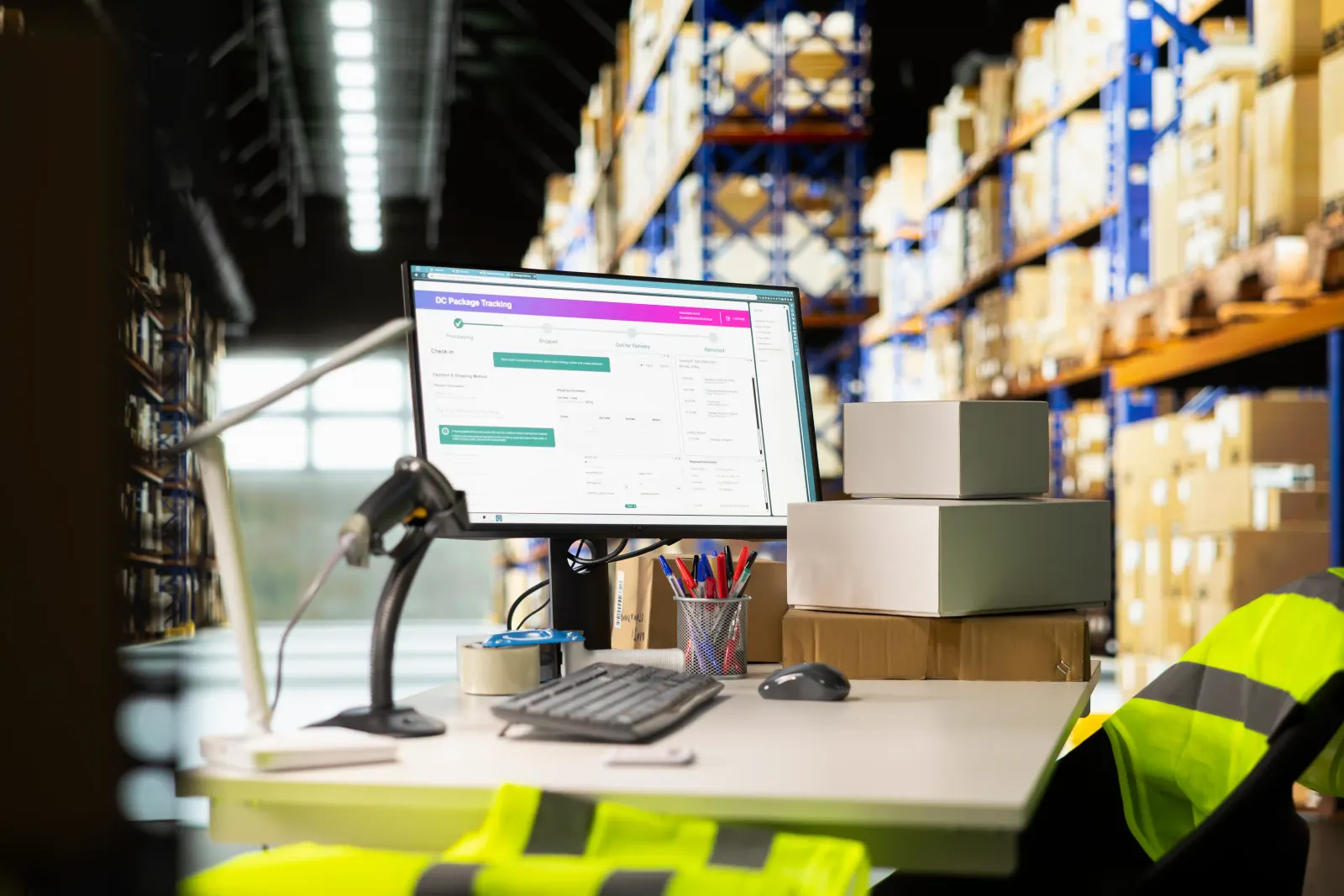 Logistics and Transportation IT Solutions: real-time shipment tracking dashboard at a warehouse workstation with barcode scanner